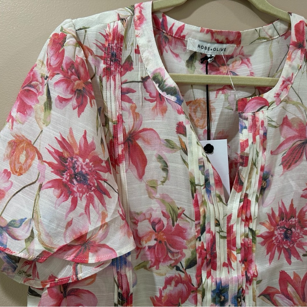 NWT Rose + Olive Green Babydoll Peplum Blouse  Tiered Pleat Floral Top Women 1X - Picture 5 of 6